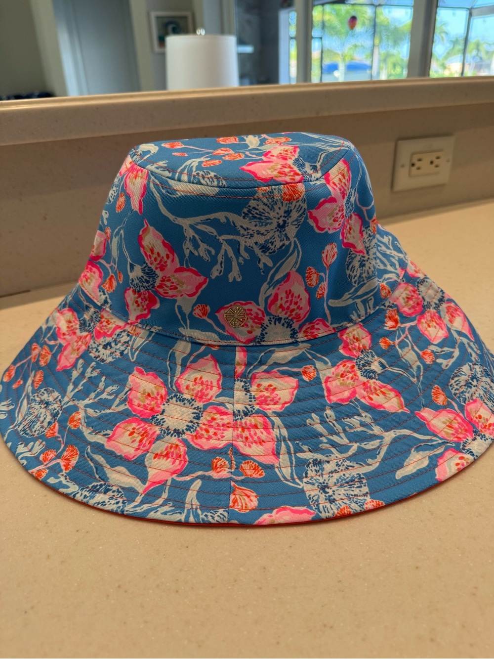 Lilly Pulitzer Blue Floral Bucket Hat with Pink Accents - Picture 2 of 3